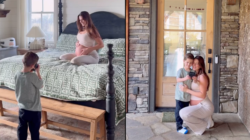 son clicks pregnant mom polaroid camera video