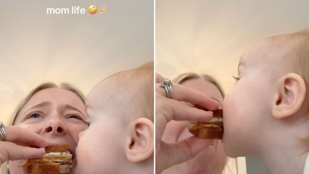baby snatches food mom video