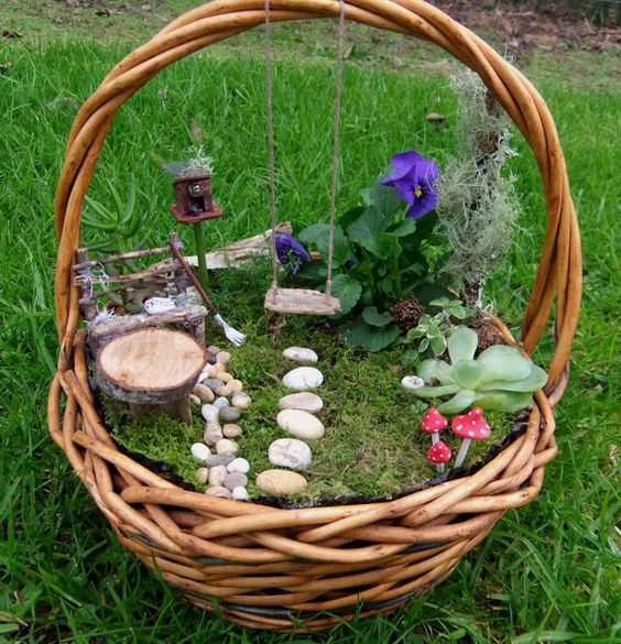 Wicker Basket Fairy Garden Idea
