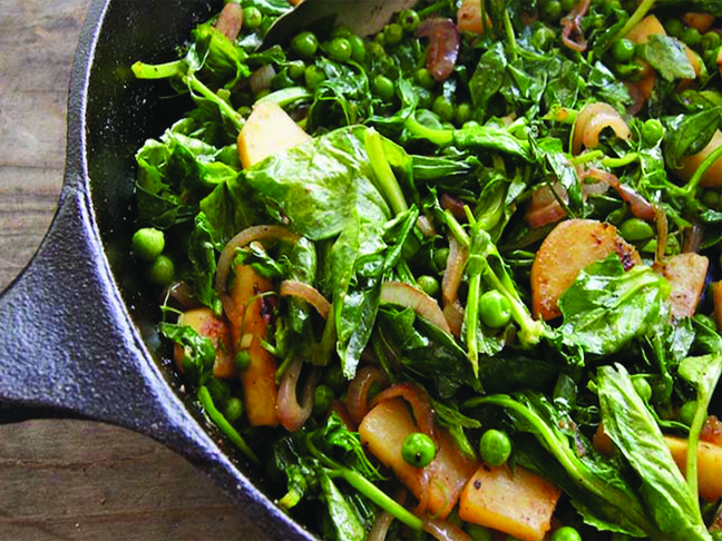 Pea Shoot Sweet Potato Stir Fry   