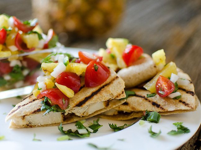 Light Chipotle Chicken and Cheese Quesadillas With Pineapple Pico de Gallo