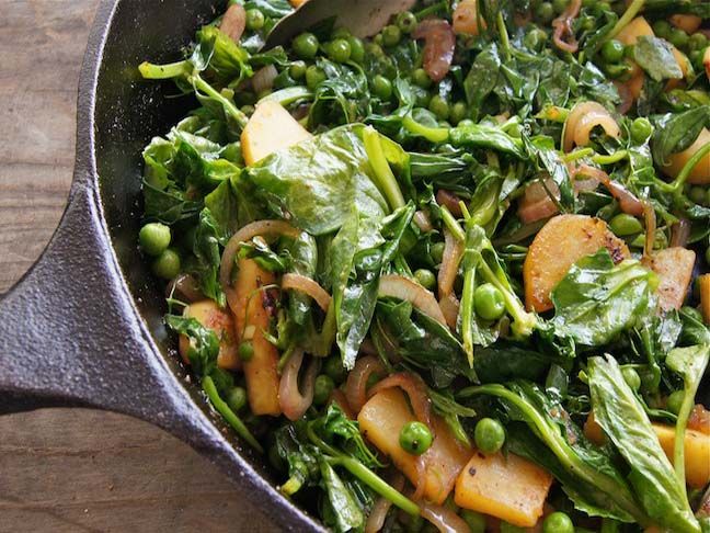 Pea Shoot Sweet Potato Stir Fry