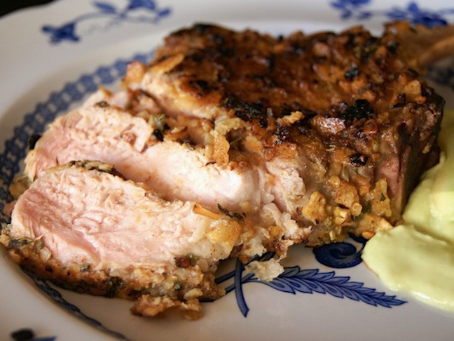 Tortilla Chip Crusted Pork Chops with Avocado Lime Sauce