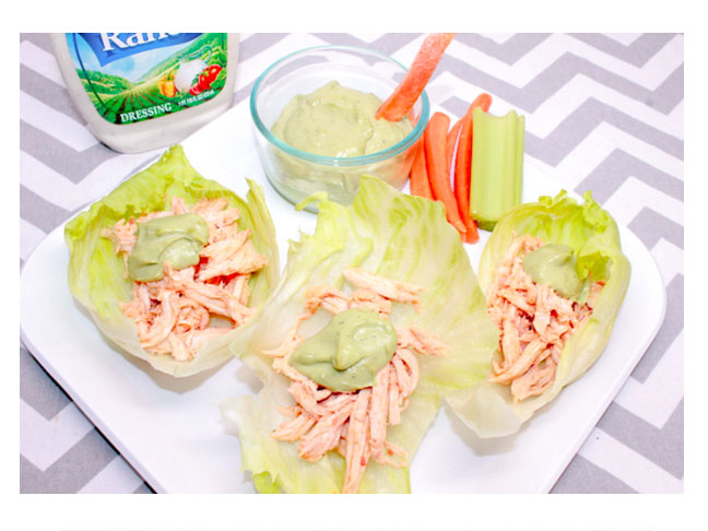 Buffalo Chicken Lettuce Wraps with Avocado Ranch Dressing