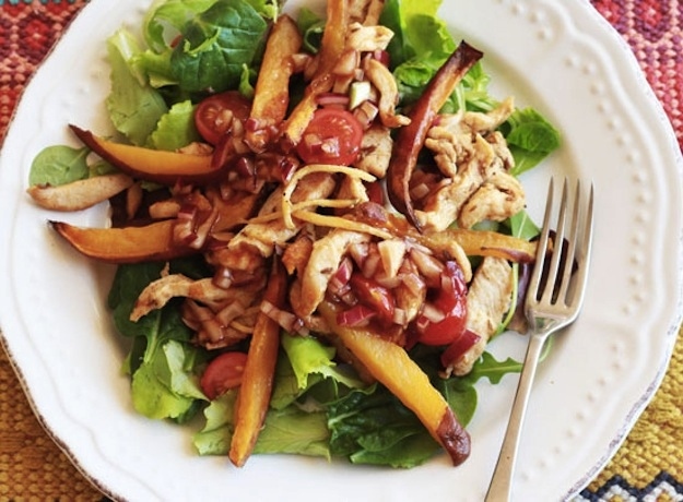 Warm Chicken Salad with Sweet Potato Fries