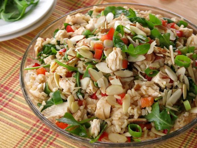 Chicken and Rice Salad with Arugula, Almonds and Peppers