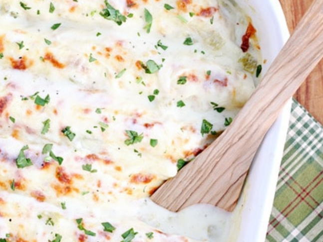 White Chicken Enchiladas with Green Chile Sour Cream Sauce