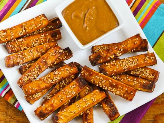 Baked Sesame Tofu Sticks with Peanut Butter and Tahini Sauce