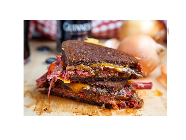 Corned Beef Grilled Cheese Sandwich with Guinness Caramelized Onions