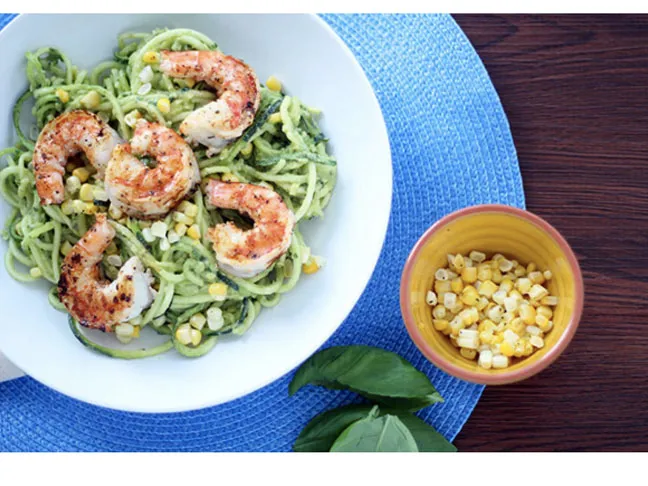 Avocado-Basil Zucchini Noodles with Chile-Lime Shrimp & Corn