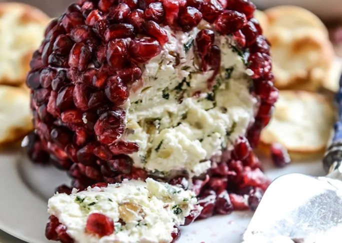 Pomegranate Jeweled White Cheddar, Toasted Almond, and Crispy Sage Cheeseball