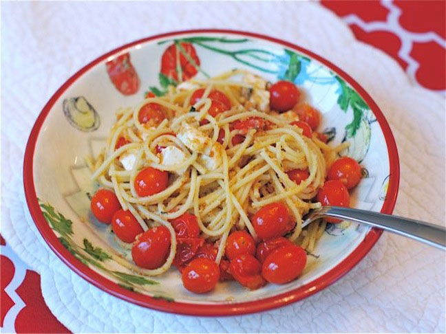 Pan Roasted Tomato & Mozzarella Spaghetti with Basil Breadcrumb Gremolata