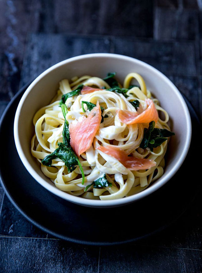 Fettuccine with Smoked Salmon, Spinach and Lemon Cream Sauce