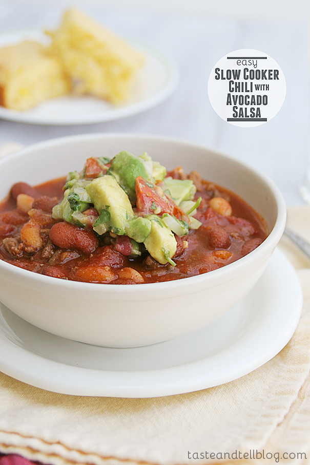 Slow Cooker Chili with Avocado Salsa 
