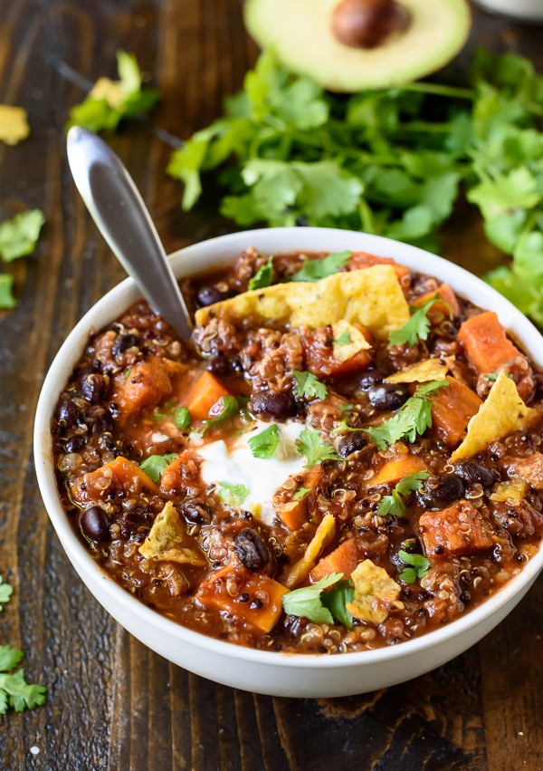 Slow Cooker Turkey Quinoa Chili with Sweet Potatoes and Black Beans