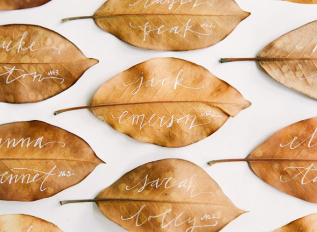Leaf Place Cards with Calligraphy