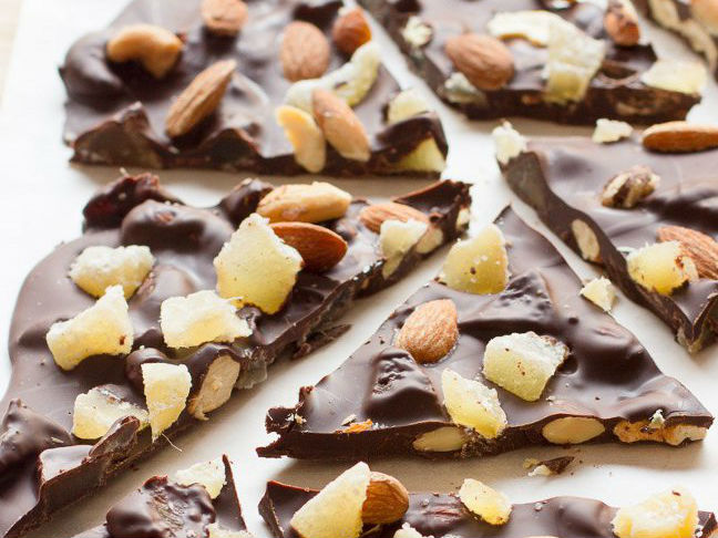 Bittersweet Chocolate Bark with Candied Ginger and Mixed Nuts