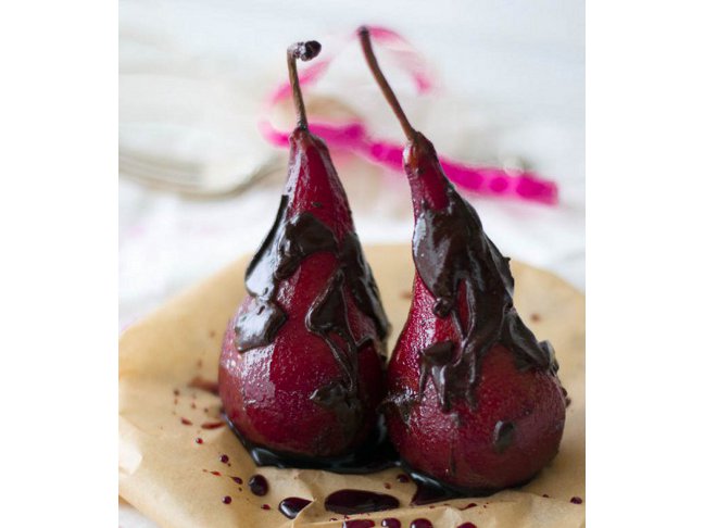 Poached Pears in Red Wine and Chocolate Glaze