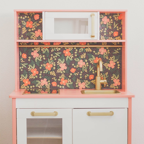 Floral and Feminine Play Kitchen Upgrade from Anchors & Honey