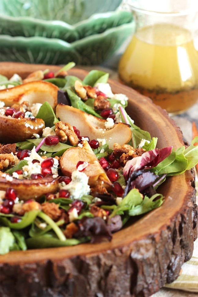 Bourbon Roasted Pear Salad with Gorgonzola and Candied Walnuts