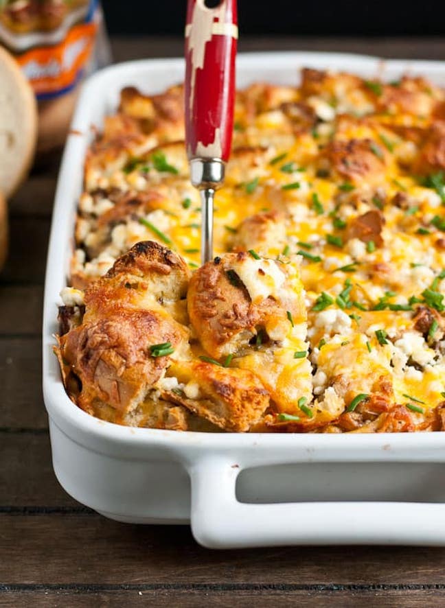 Make-Ahead Sausage, Cheese and Chive Bagel Strata
