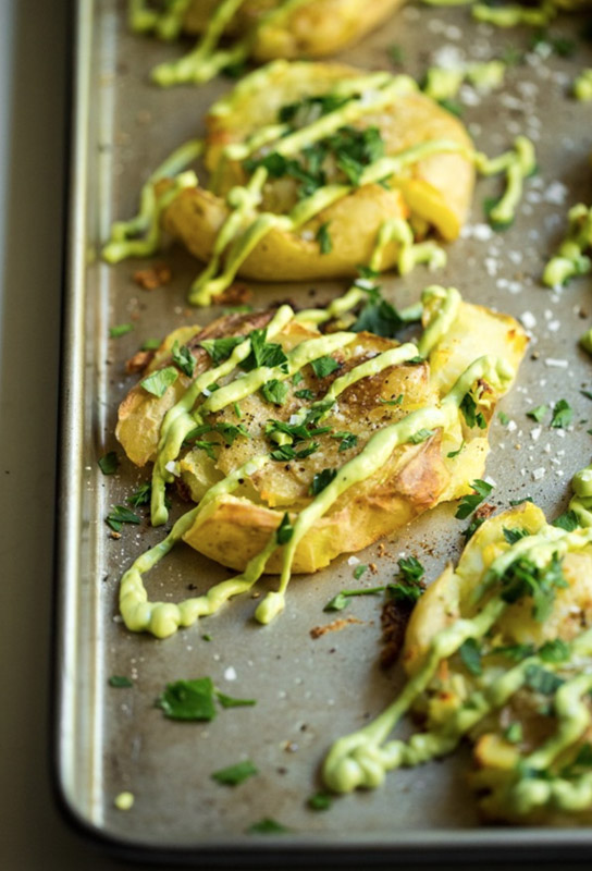 Crispy Smashed Potatoes with Avocado-Garlic Aioli