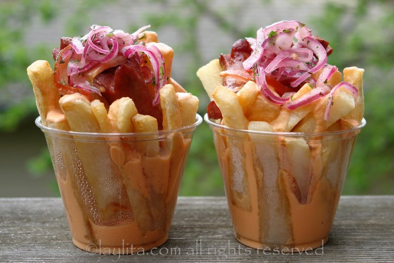 Salchipapas (French fries with hot dog sausages)