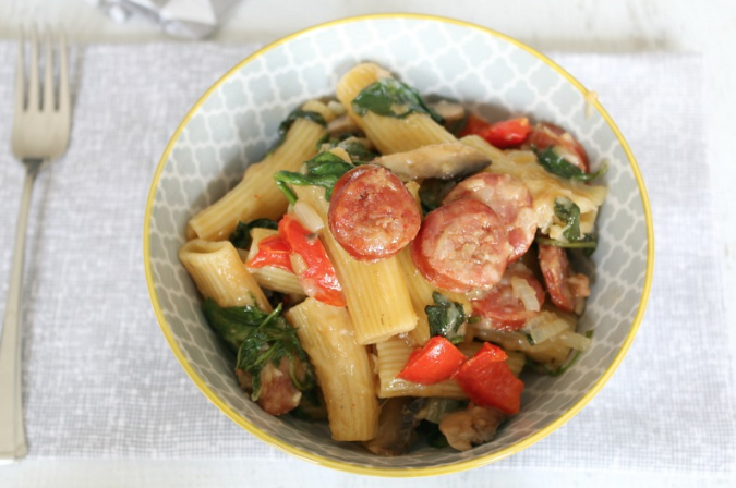 One Pot Pasta with Chorizo Mushroom and Spinach