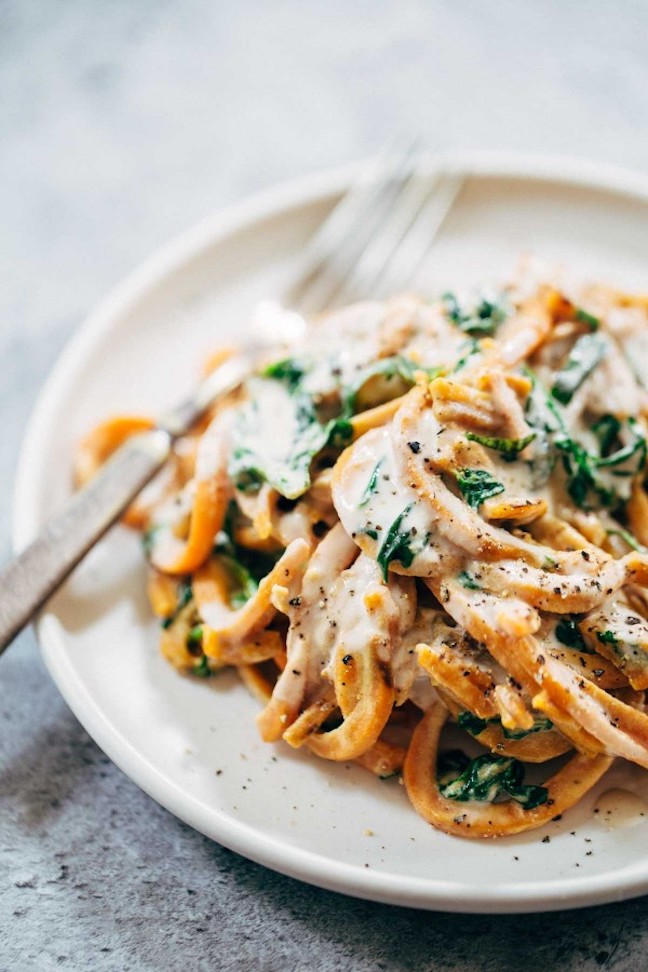 Creamy Spinach Sweet Potato Noodles with Cashew Sauce