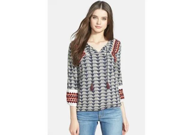 Lucky Brand Joplin Embroidered Split Neck Top