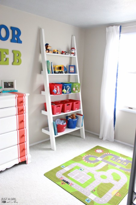 Save space by going vertical with beds and shelving.