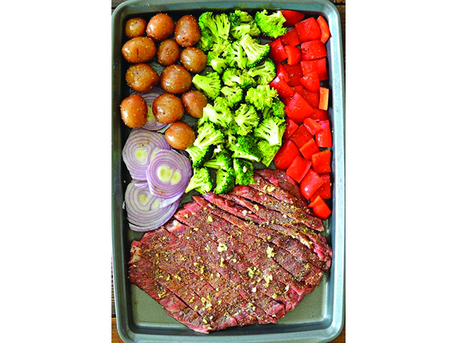 Sheet Pan Flank Steak With Garlic Roasted Potatoes