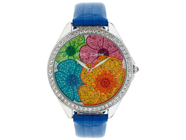 Betsey Johnson Floral Pavé Dial Leather Strap Watch