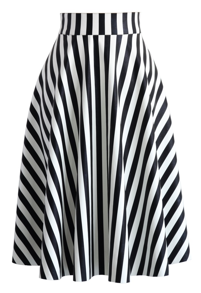 Black and White Striped Faux Leather Skirt