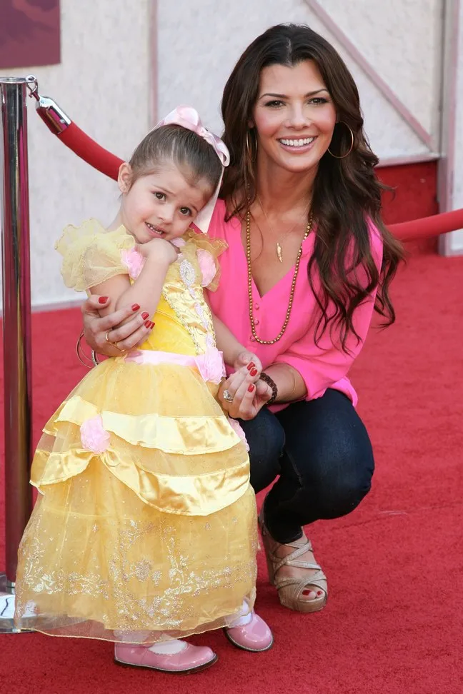 Ali Landry, pink blouse, gold necklace, gold hoop earrings, high heels, jeans, Beauty and the Beast